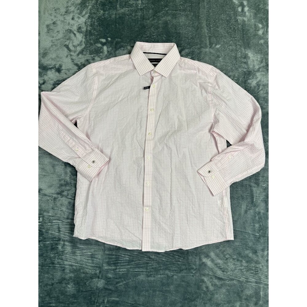 Tommy Hilfiger Slim Fit Stretch Pink Gingham Seersucker Long Sleeve Shirt XL